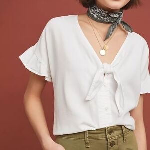 Anthropologie Cloth & Stone Tie Front V-Neck Lyocell White Blouse Med